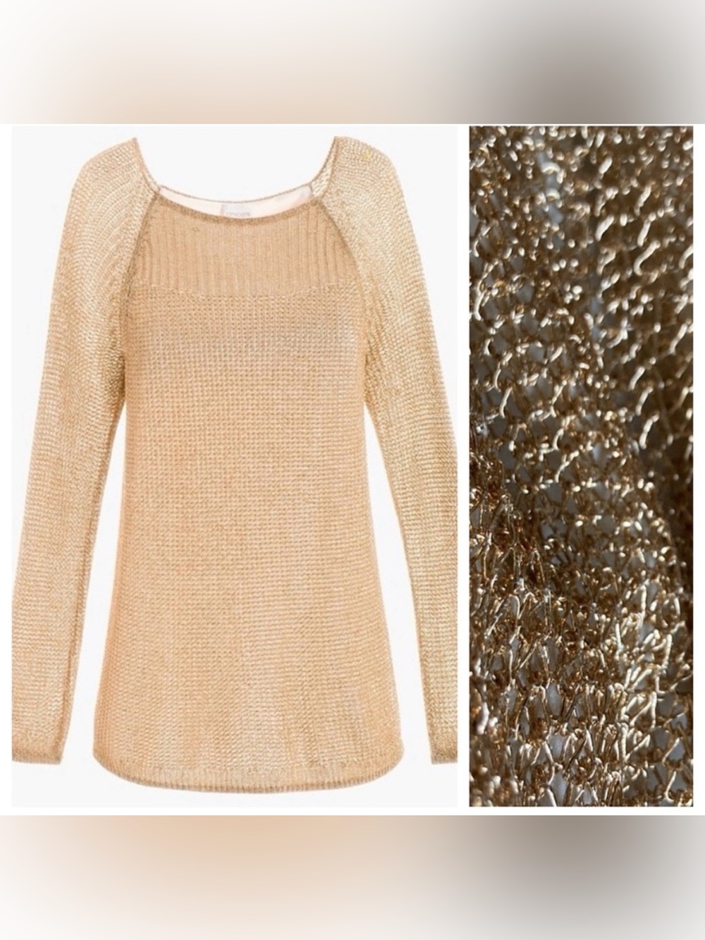Chico’s Size 0(small) coppery gold metal mesh long sleeve top with sheer sleeves